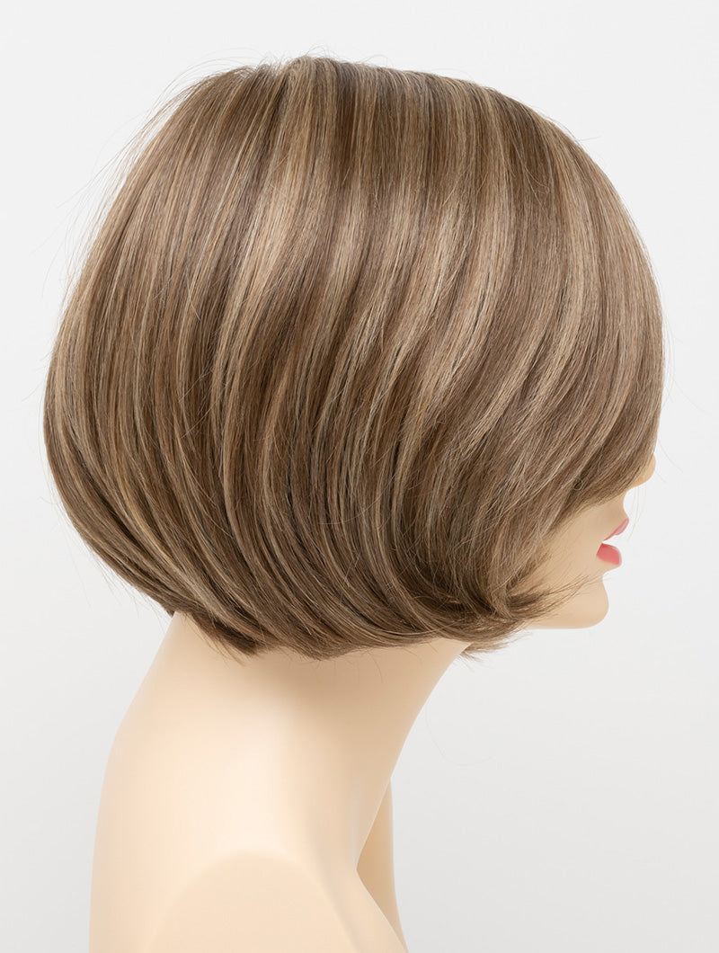 profile side of a short Kinner Beauty Wigs wig for woman on mannequin head