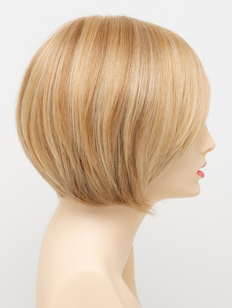 profile side of a short Kinner Beauty Wigs wig for woman on mannequin head