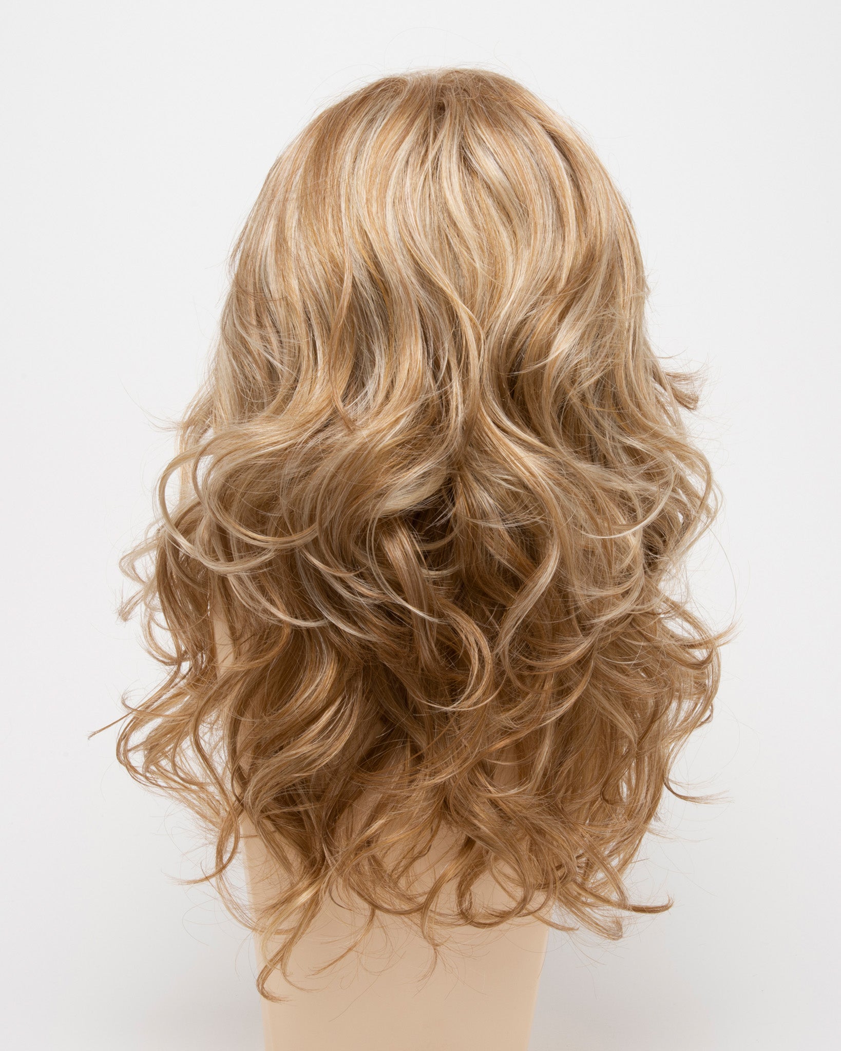 back side of a long Kinner Beauty Wigs wig for woman on mannequin head