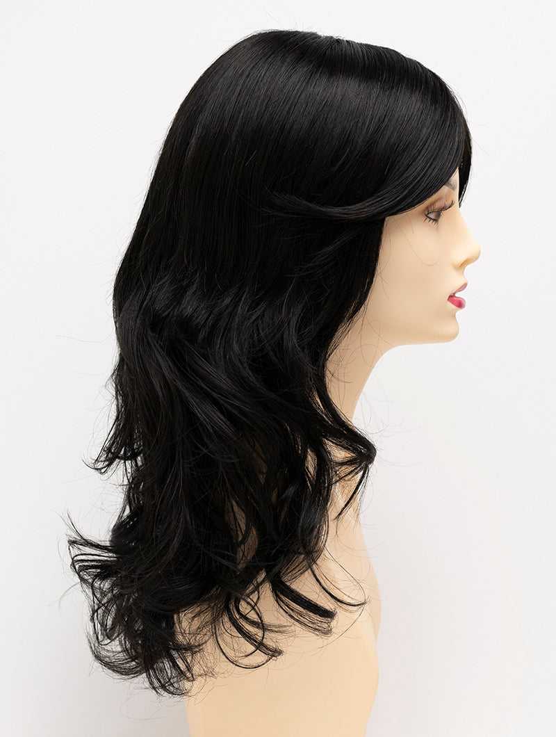 profile side of a long Kinner Beauty Wigs wig for woman on mannequin head