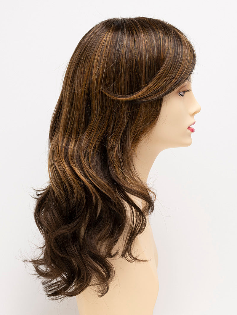 profile side of a long Kinner Beauty Wigs wig for woman on mannequin head