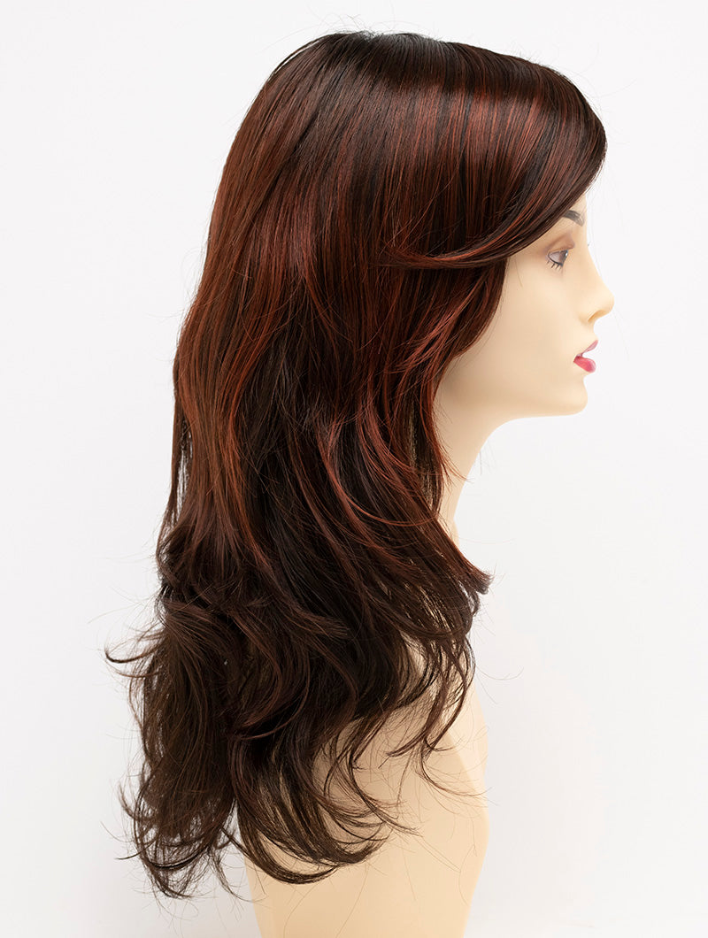 profile side of a long Kinner Beauty Wigs wig for woman on mannequin head