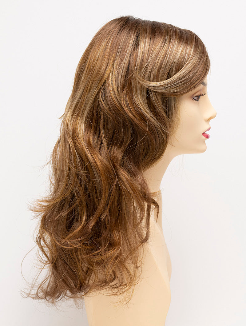 profile side of a long Kinner Beauty Wigs wig for woman on mannequin head
