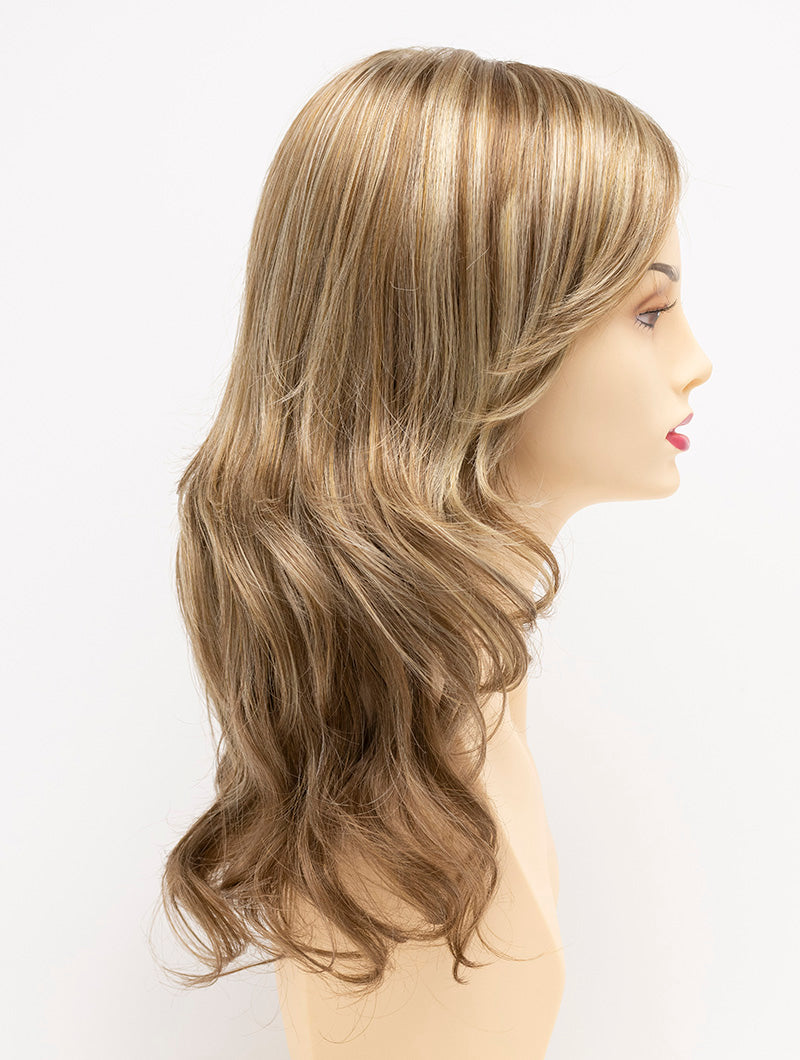 profile side of a long Kinner Beauty Wigs wig for woman on mannequin head