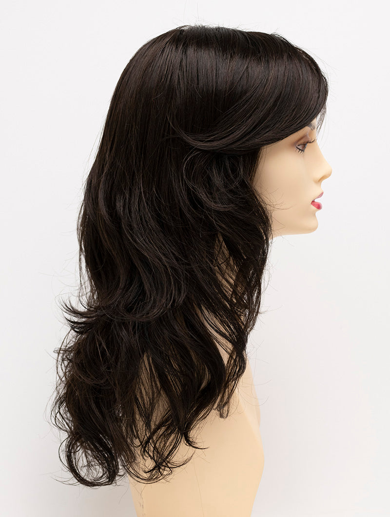profile side of a long Kinner Beauty Wigs wig for woman on mannequin head