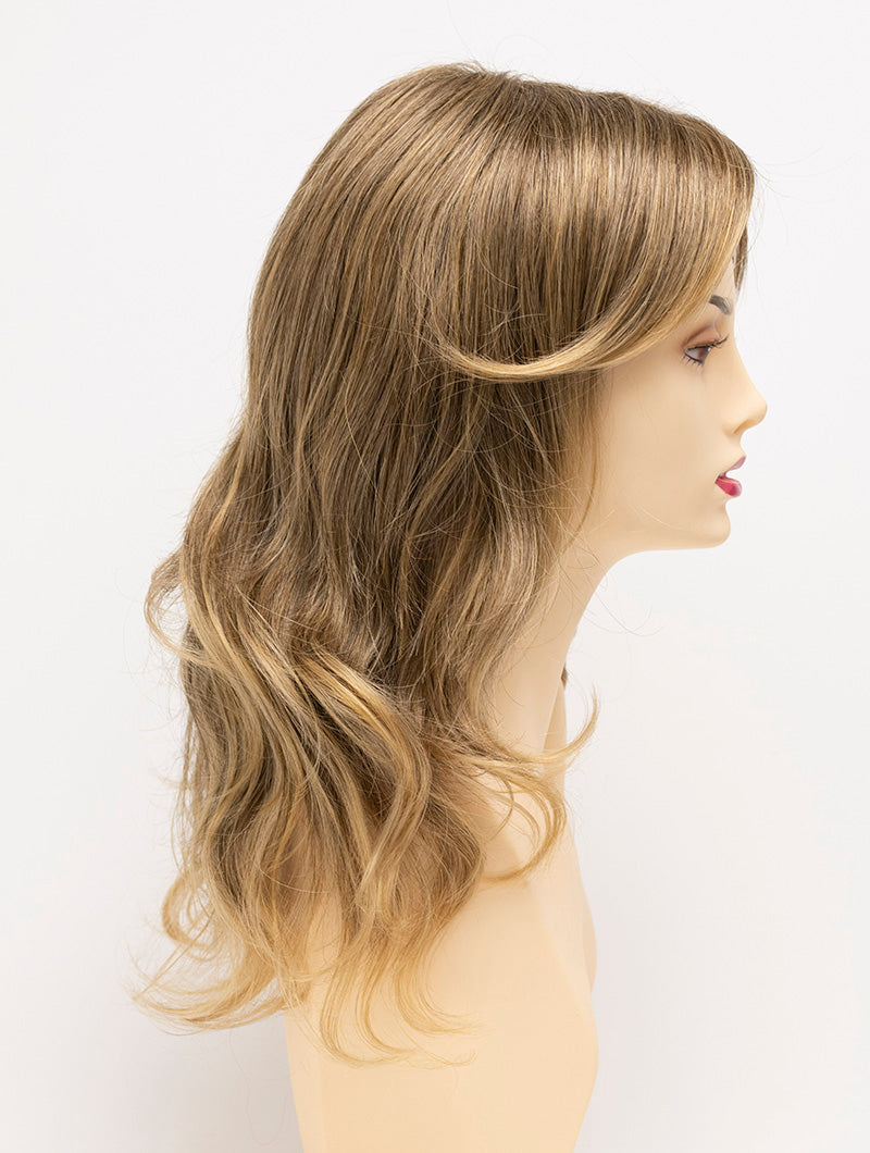 profile side of a long Kinner Beauty Wigs wig for woman on mannequin head