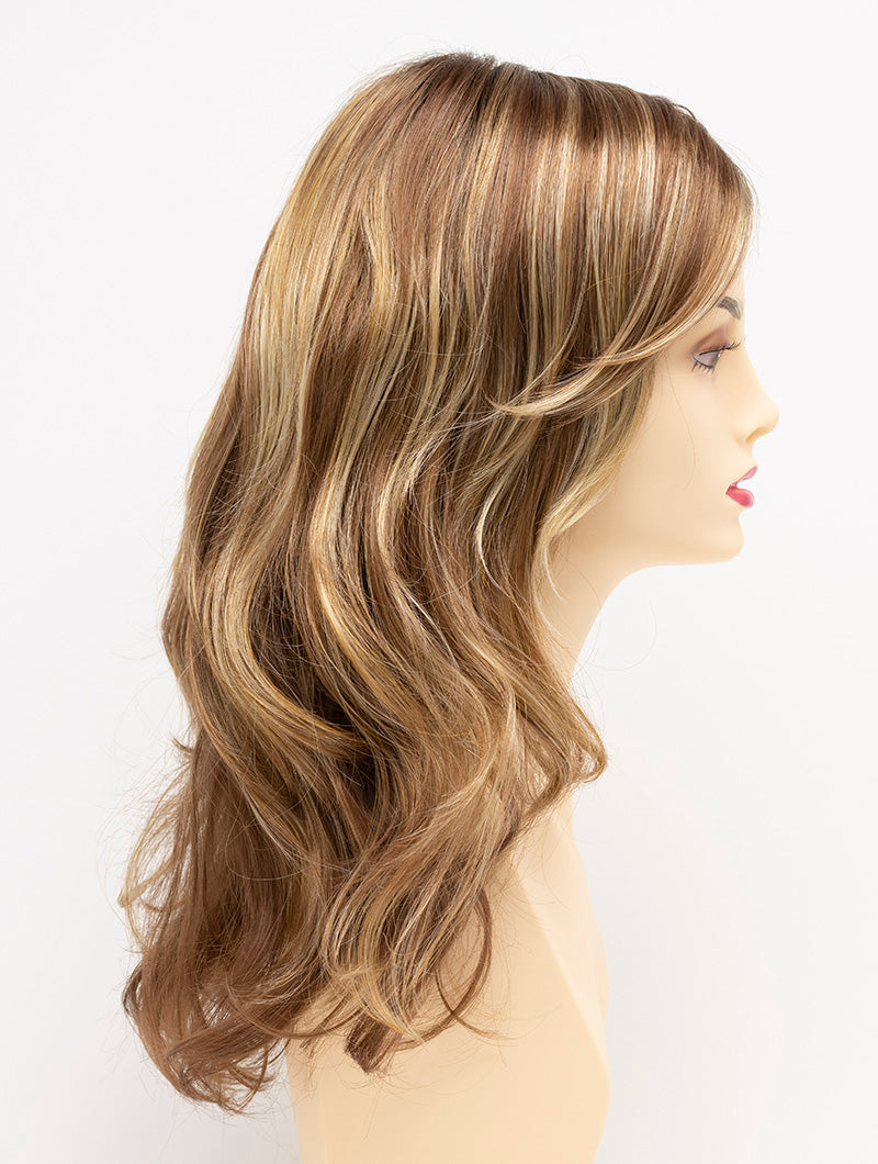 profile side of a long Kinner Beauty Wigs wig for woman on mannequin head