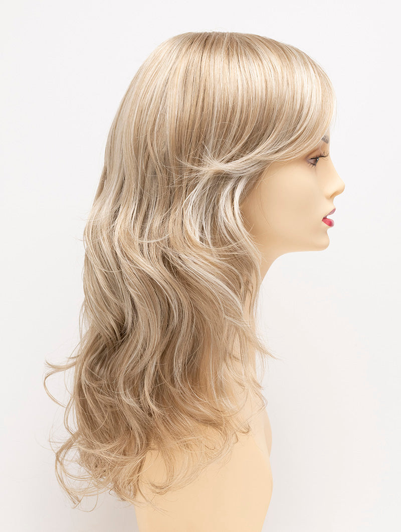 profile side of a long Kinner Beauty Wigs wig for woman on mannequin head