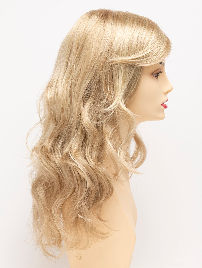 profile side of a long Kinner Beauty Wigs wig for woman on mannequin head