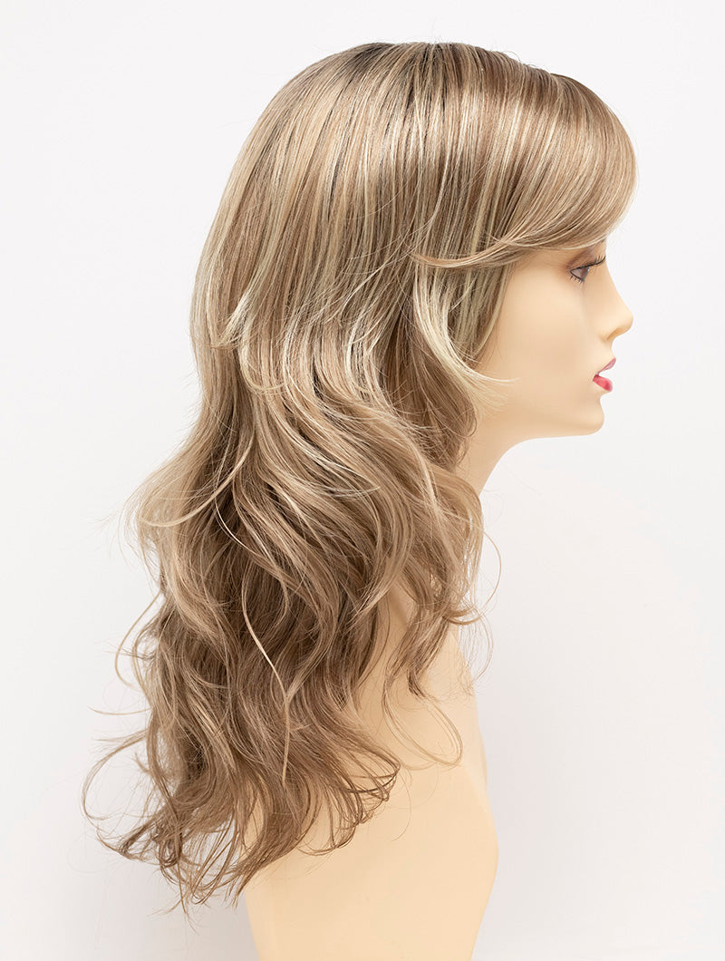 profile side of a long Kinner Beauty Wigs wig for woman on mannequin head