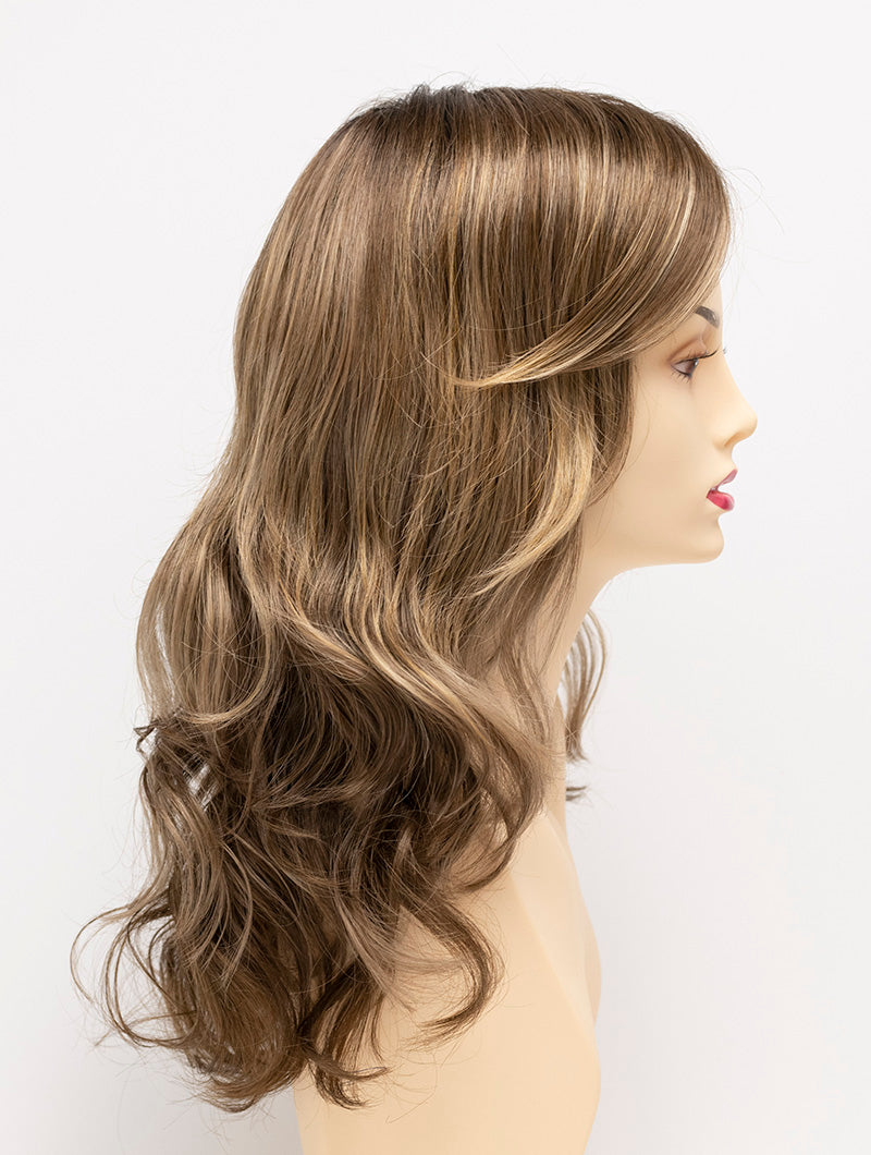 profile side of a long Kinner Beauty Wigs wig for woman on mannequin head