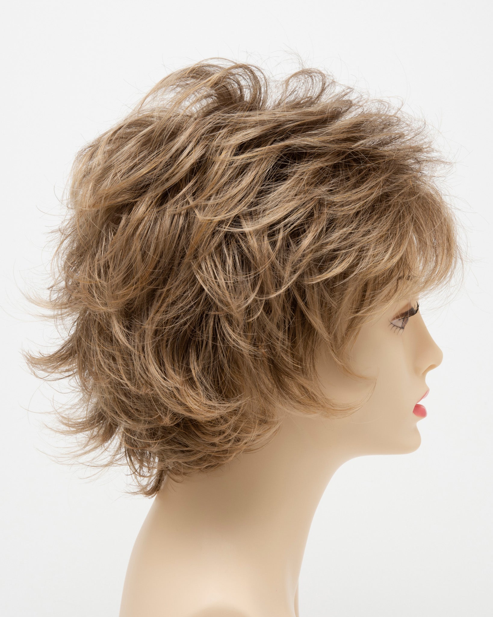 profile side of a short Kinner Beauty Wigs wig for woman on mannequin head
