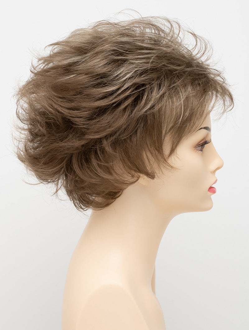 profile side of a short Kinner Beauty Wigs wig for woman on mannequin head