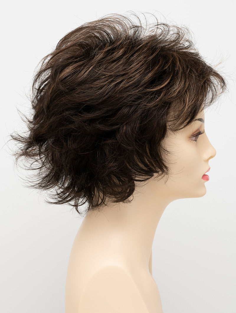 profile side of a short Kinner Beauty Wigs wig for woman on mannequin head