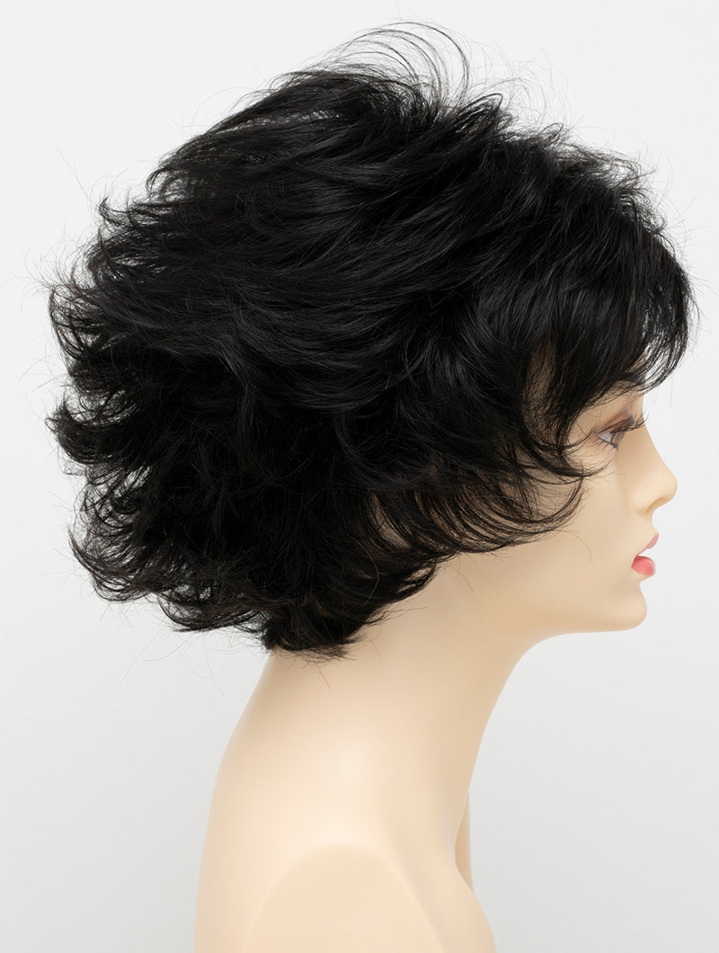 profile side of a short Kinner Beauty Wigs wig for woman on mannequin head