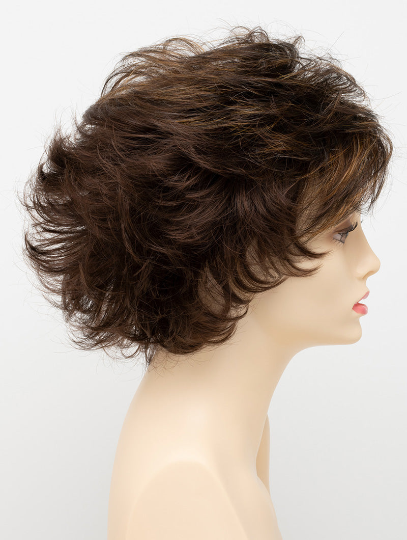 profile side of a short Kinner Beauty Wigs wig for woman on mannequin head