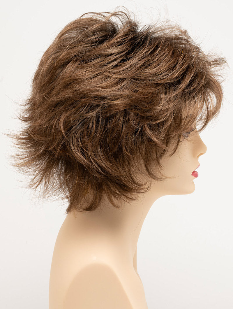 profile side of a short Kinner Beauty Wigs wig for woman on mannequin head