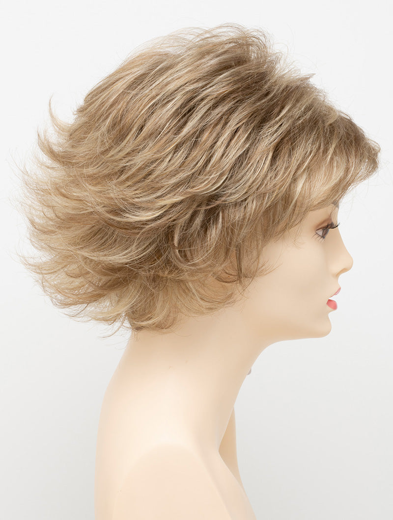 profile side of a short Kinner Beauty Wigs wig for woman on mannequin head