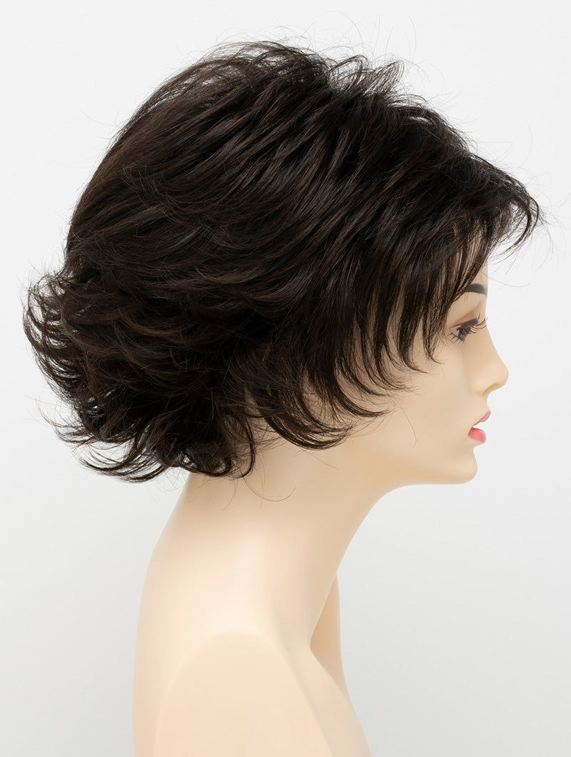 profile side of a short Kinner Beauty Wigs wig for woman on mannequin head