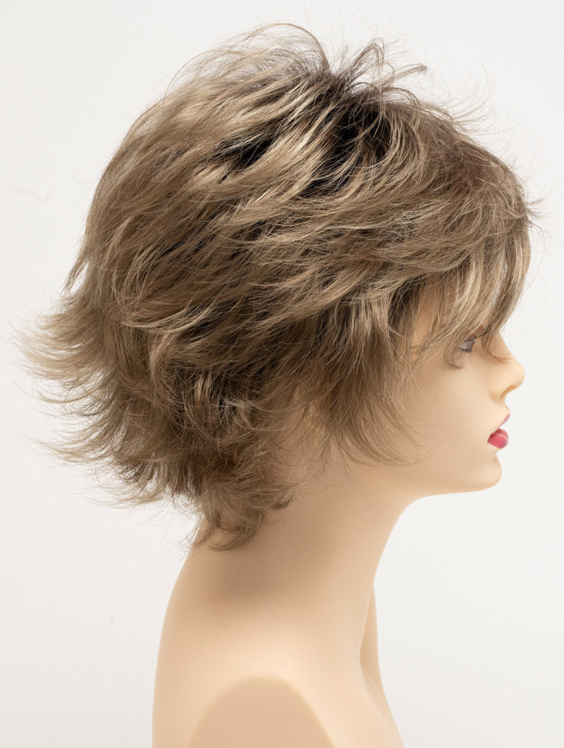 profile side of a short Kinner Beauty Wigs wig for woman on mannequin head