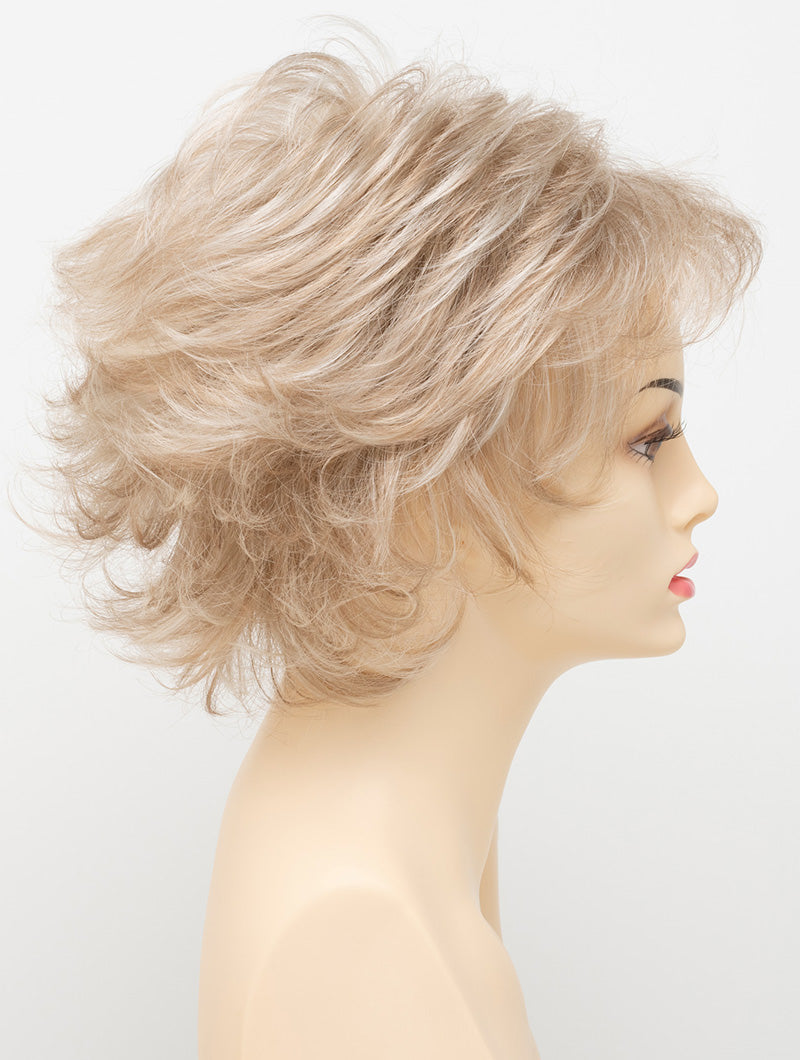 profile side of a short Kinner Beauty Wigs wig for woman on mannequin head