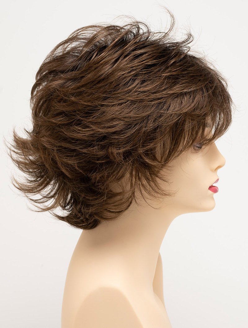 profile side of a short Kinner Beauty Wigs wig for woman on mannequin head
