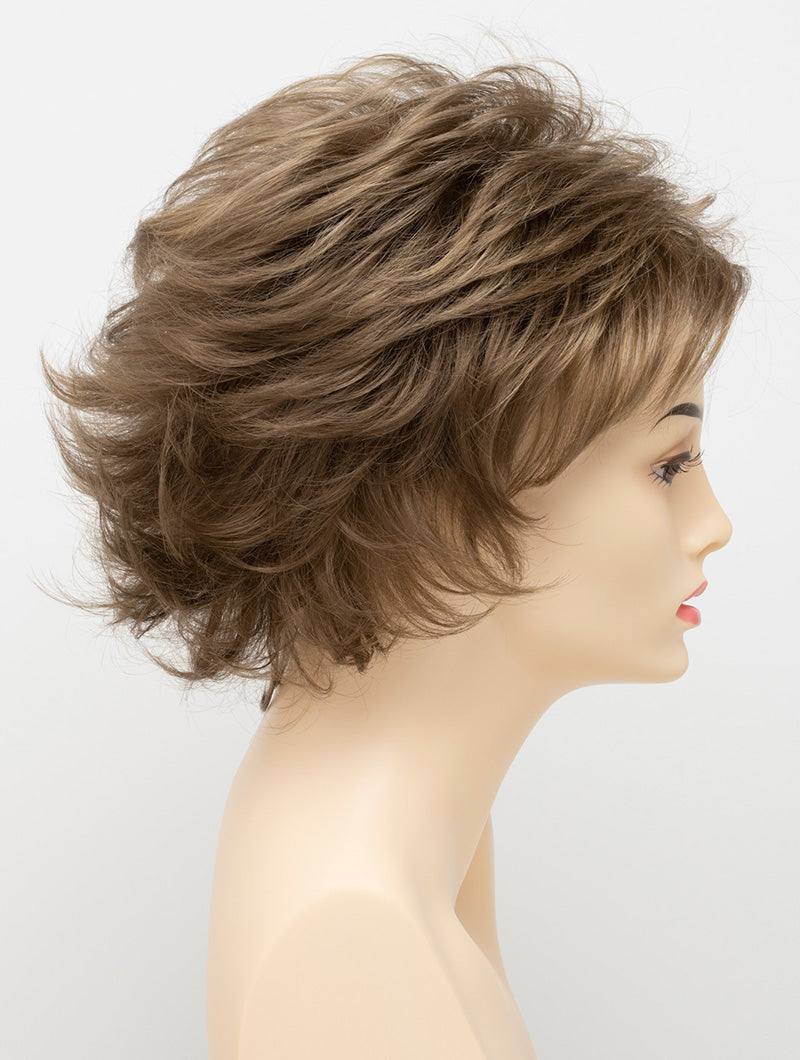 profile side of a short Kinner Beauty Wigs wig for woman on mannequin head