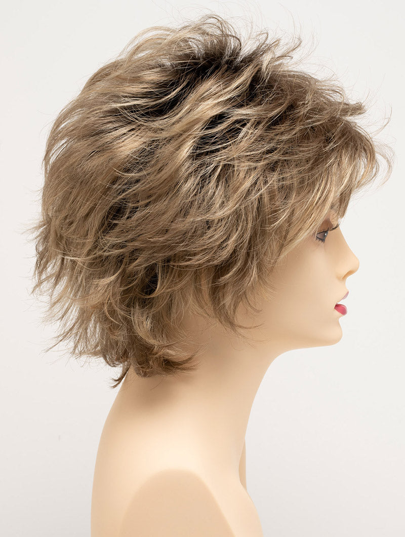profile side of a short Kinner Beauty Wigs wig for woman on mannequin head