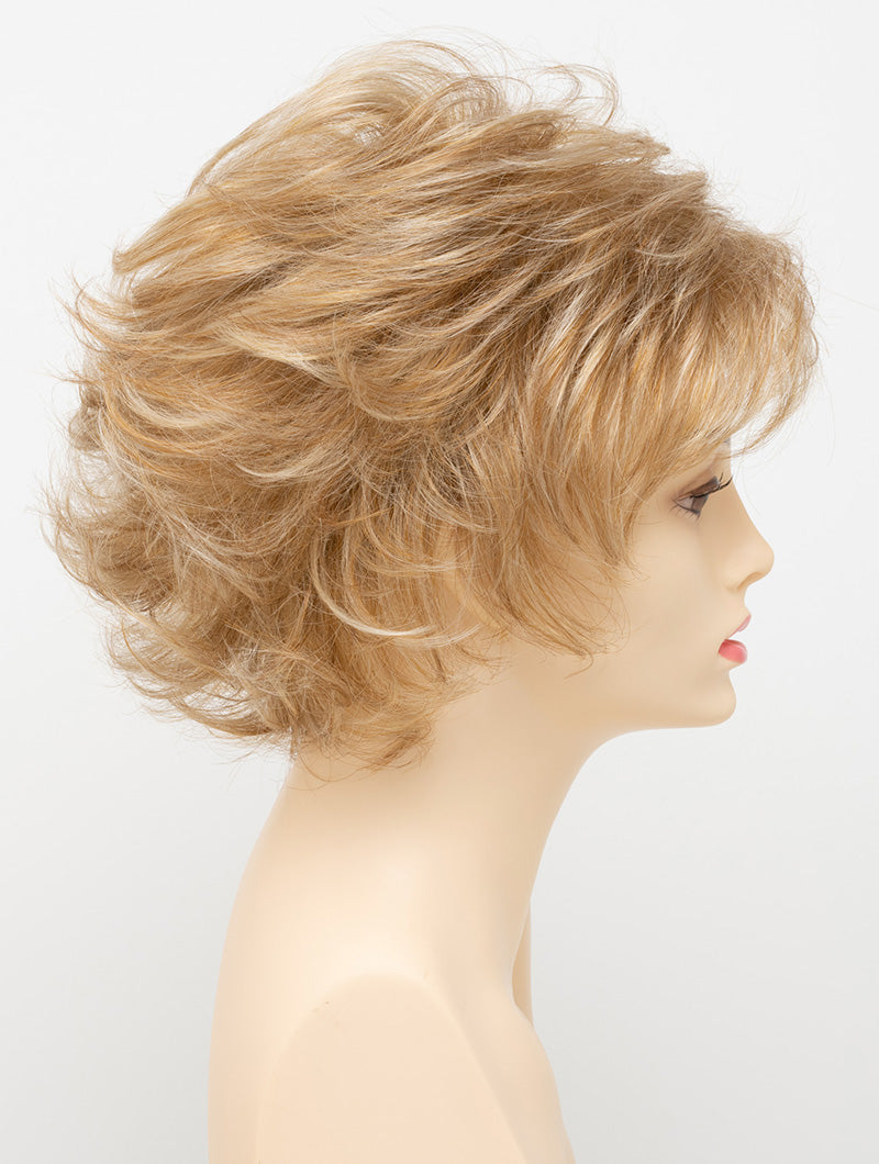 profile side of a short Kinner Beauty Wigs wig for woman on mannequin head