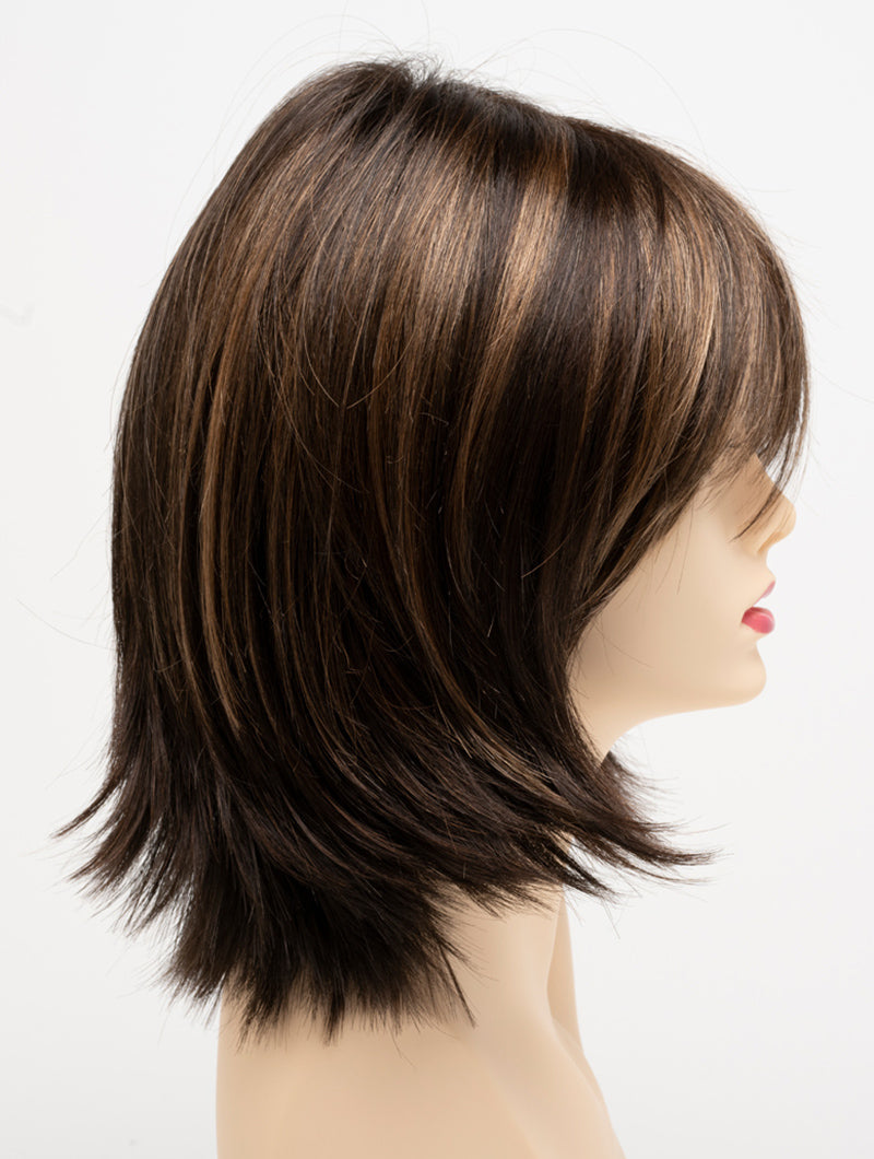 profile side of a medium Kinner Beauty Wigs wig for woman on mannequin head