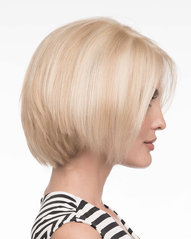profile side of a short Kinner Beauty Wigs wig on woman head