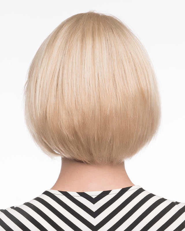 back side of a short Kinner Beauty Wigs wig on woman head