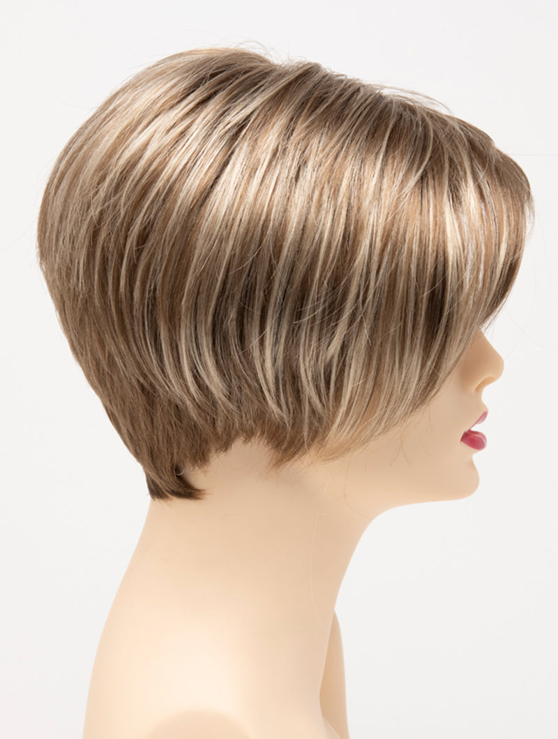 profile side of a short Kinner Beauty Wigs wig for woman on mannequin head