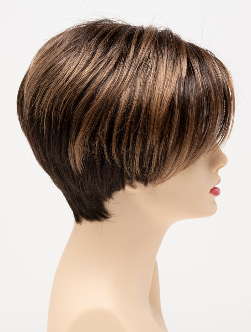 profile side of a short Kinner Beauty Wigs wig for woman on mannequin head