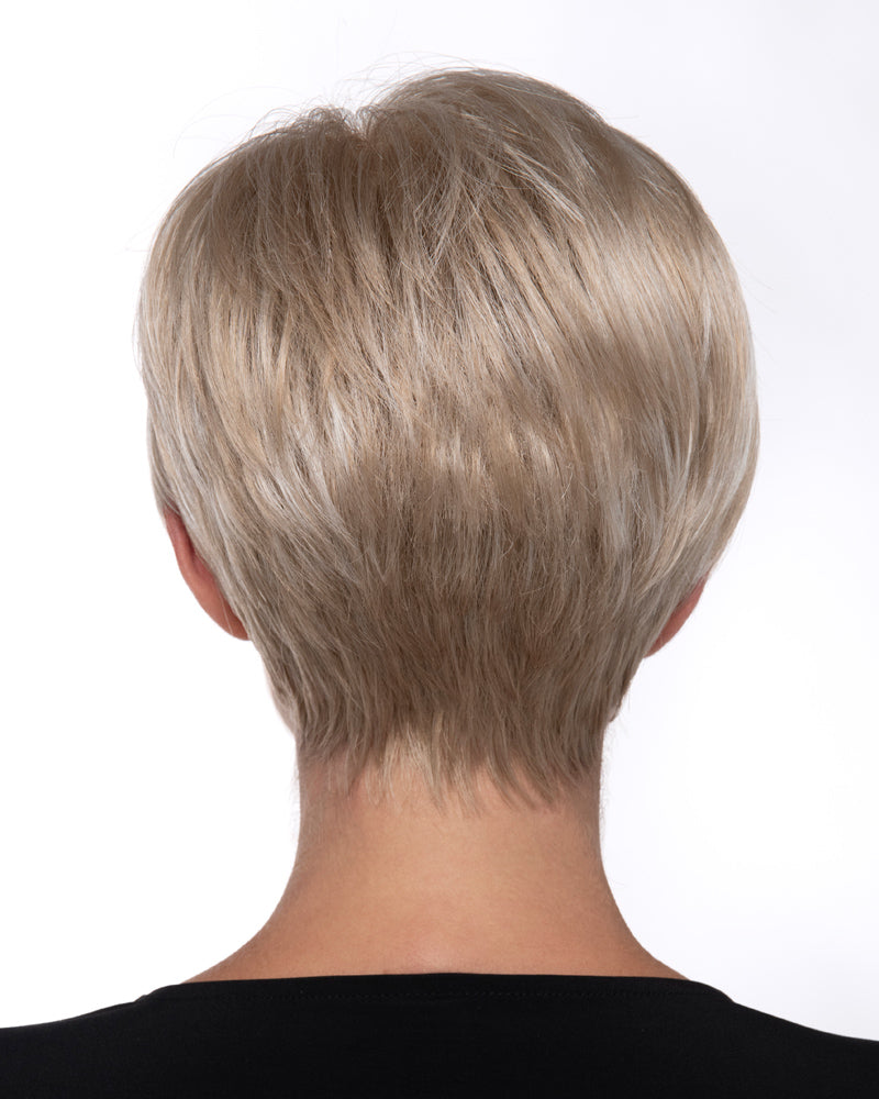 back side of a short Kinner Beauty Wigs wig on woman head