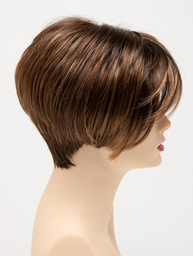 profile side of a short Kinner Beauty Wigs wig for woman on mannequin head
