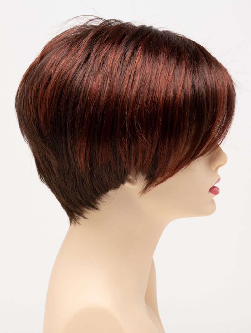 profile side of a short Kinner Beauty Wigs wig for woman on mannequin head