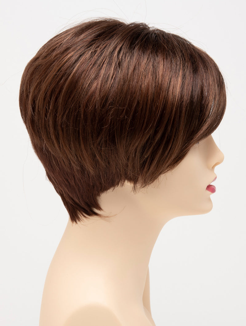 profile side of a short Kinner Beauty Wigs wig for woman on mannequin head
