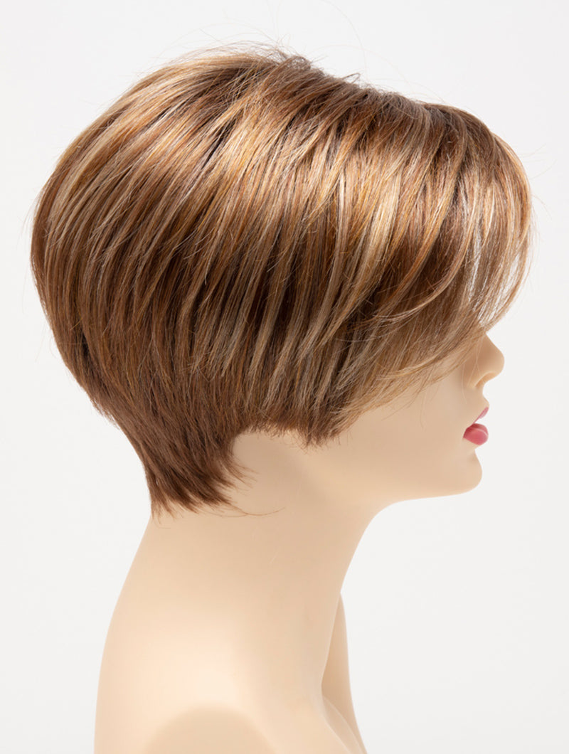 profile side of a short Kinner Beauty Wigs wig for woman on mannequin head