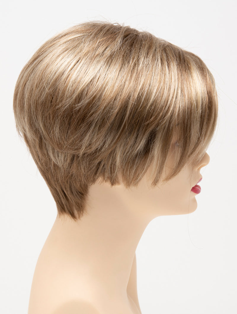 profile side of a short Kinner Beauty Wigs wig for woman on mannequin head