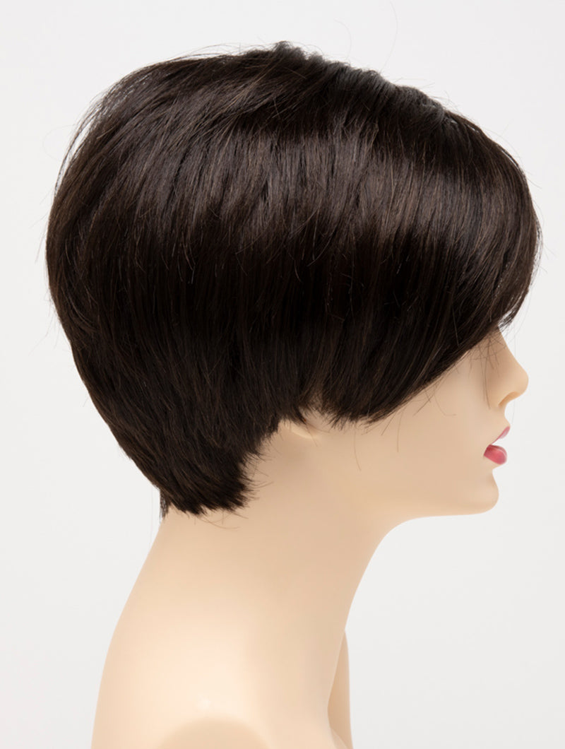 profile side of a short Kinner Beauty Wigs wig for woman on mannequin head