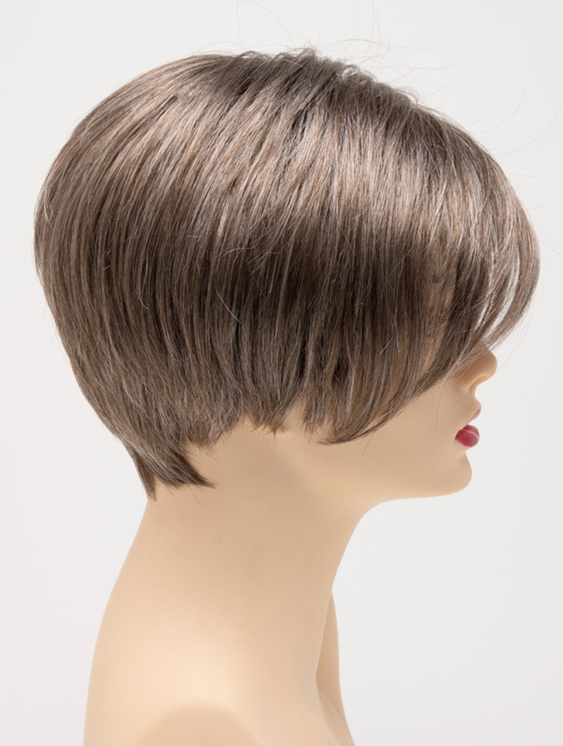 profile side of a short Kinner Beauty Wigs wig for woman on mannequin head