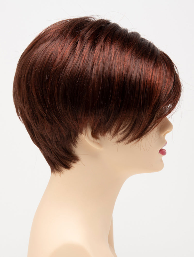 profile side of a short Kinner Beauty Wigs wig for woman on mannequin head