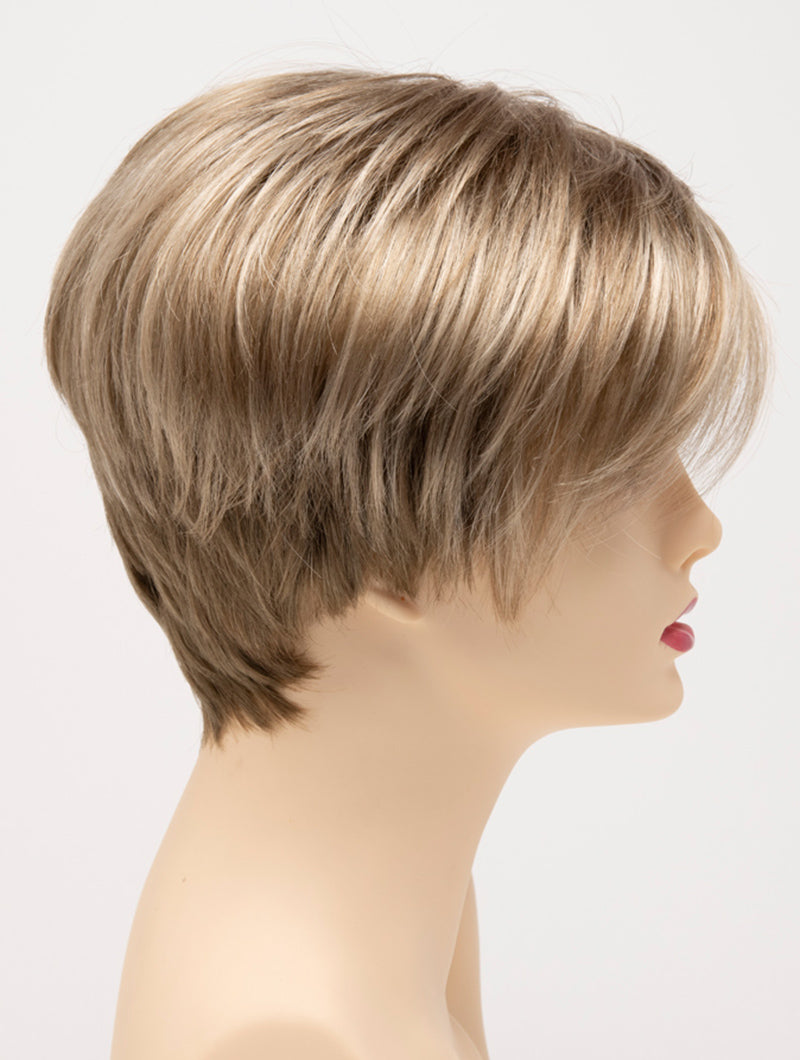 profile side of a short Kinner Beauty Wigs wig for woman on mannequin head