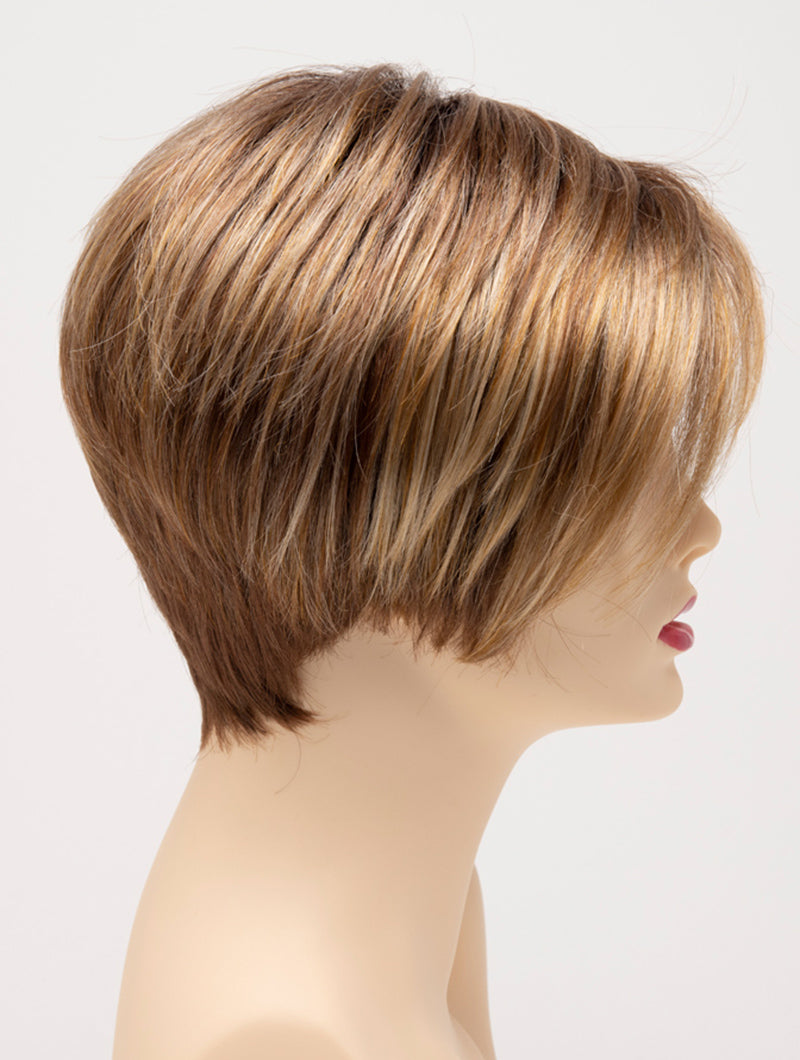 profile side of a short Kinner Beauty Wigs wig for woman on mannequin head
