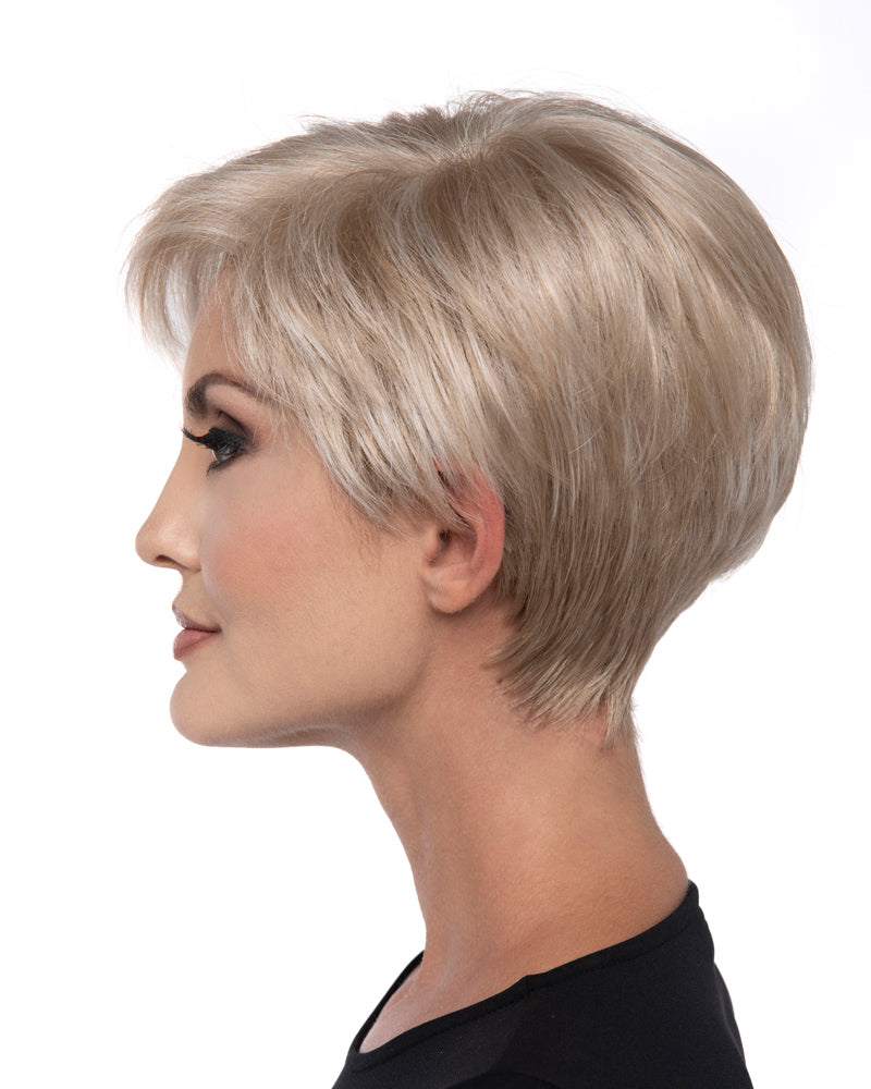 profile side of a short Kinner Beauty Wigs wig on woman head