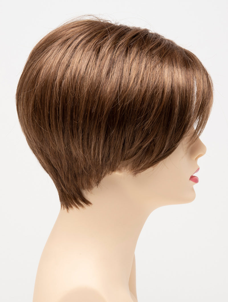 profile side of a short Kinner Beauty Wigs wig for woman on mannequin head