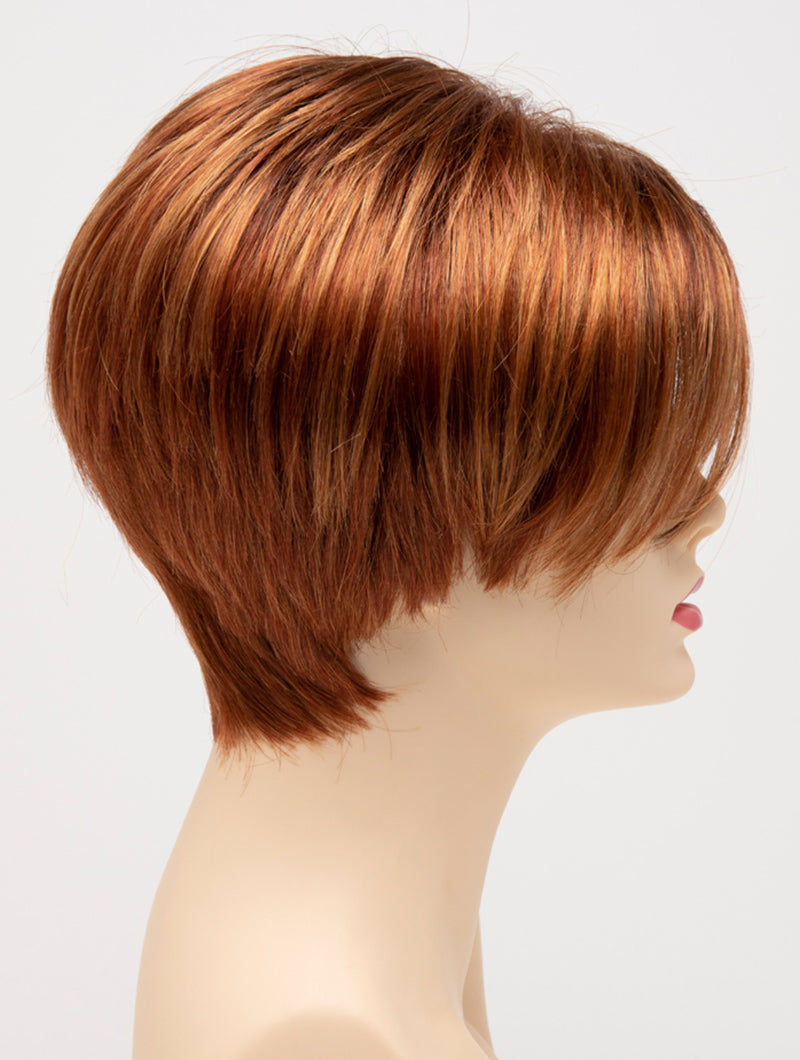 profile side of a short Kinner Beauty Wigs wig for woman on mannequin head