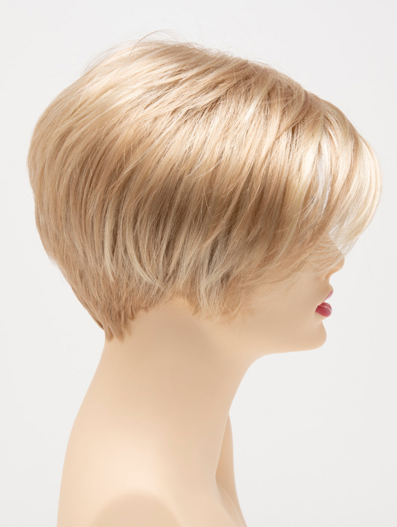 profile side of a short Kinner Beauty Wigs wig for woman on mannequin head