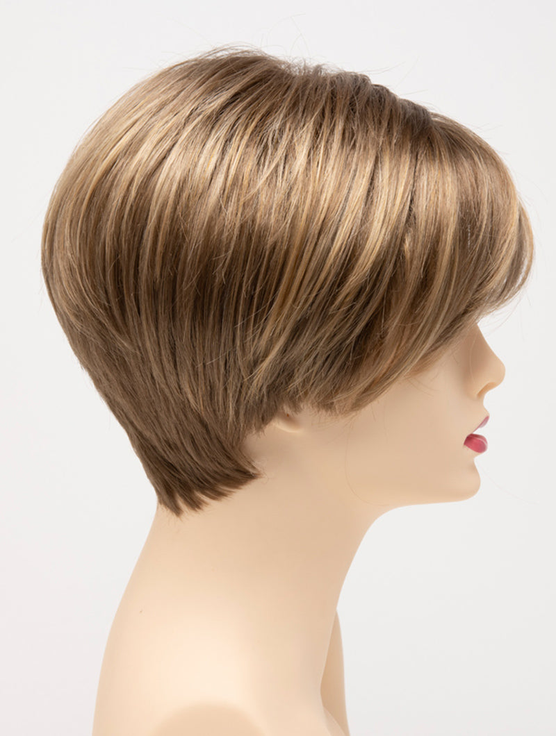 profile side of a short Kinner Beauty Wigs wig for woman on mannequin head